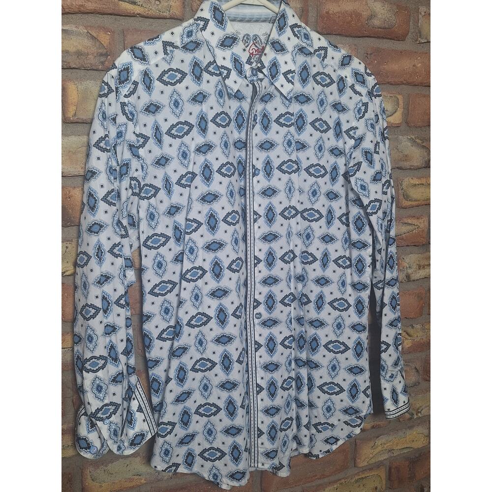 Robert Graham Shirt Mens M Blue Medallion Pattern Flip Cuff Button Up